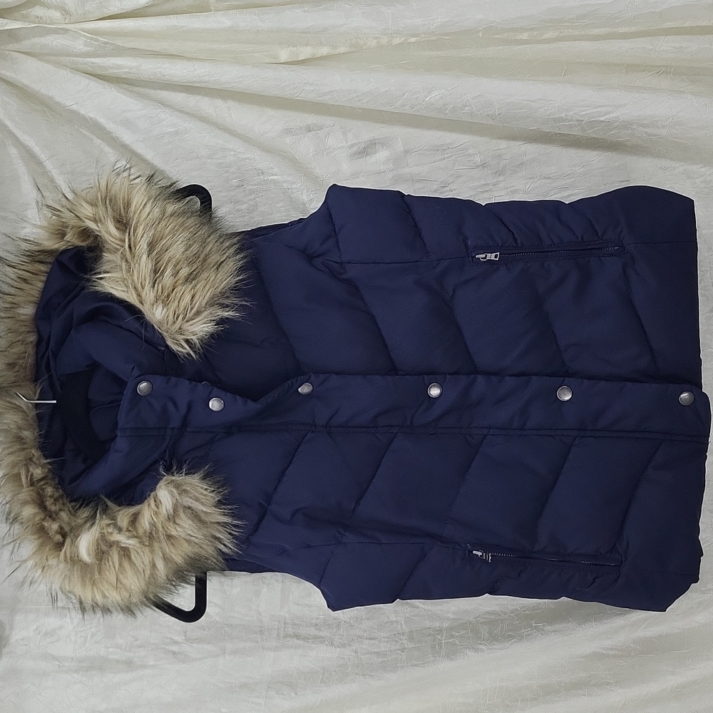 Gap Fur Trim Puffer Vest Blue Womens sz Small